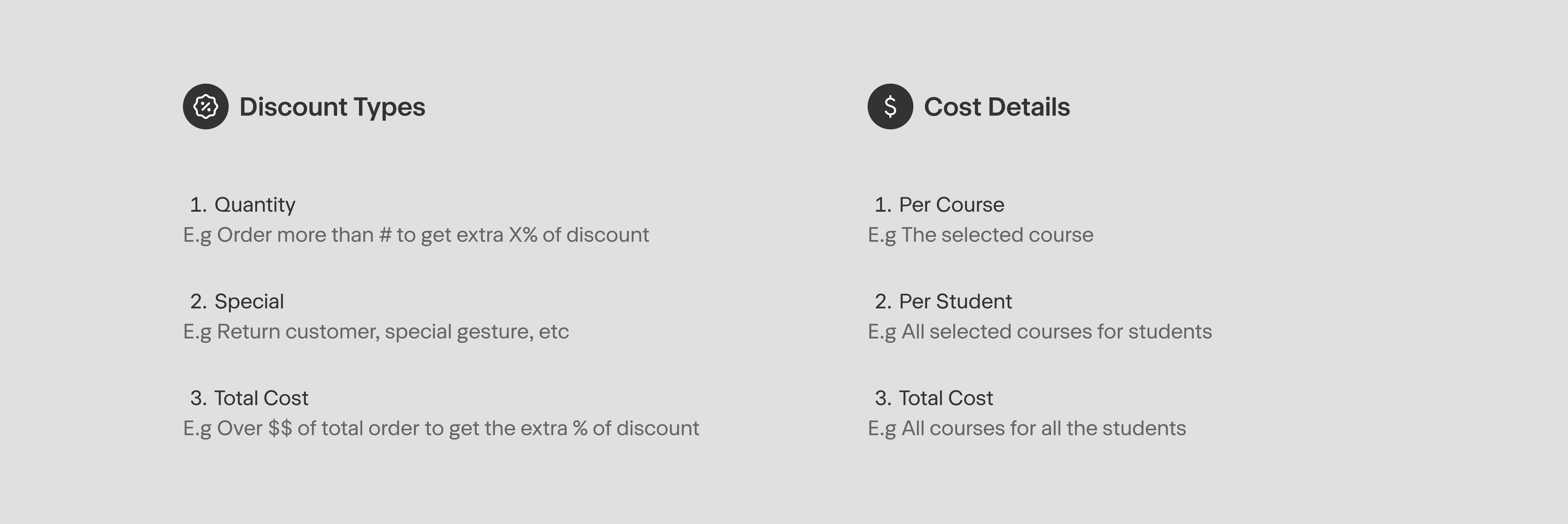 Discount Types and Cost Details data mapping — quantity, special, total cost, per course, per student